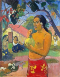 Tahiti: Kvinna som håller en frukt (Vart går du? / Eu haere ia oe?), Paul Gauguin (1893)
