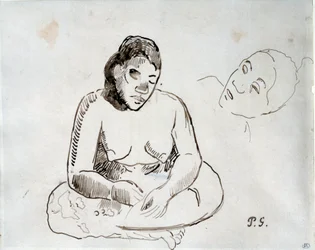 Tahitisk kvinna sitter Bläckstudie av Paul Gauguin (1848-1903) 1800-talets Paris, Louvren