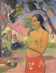Kvinna som håller en frukt; Vart ska du (Eu haere ia oe),1893 (olja på duk)
