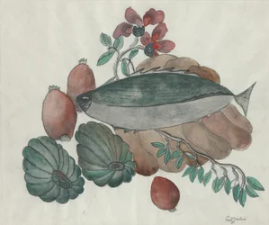 Stilleben: Fisk, blommor och grönsaker