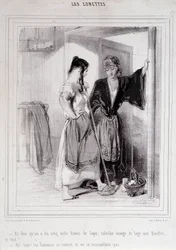 2 stackars kvinnor i samtal på trappan om män, "Les Lorettes", Gavarni, ca. 1840.