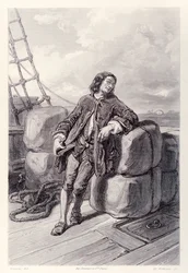 Kapten Lemuel Gulliver till sjöss på sitt handelsfartyg, från French Edition av Gullivers Travels av Jonathan Swift