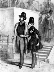 George Sand (r) klädd som student, och hennes älskare Jules Sandeau i Paris, ca. 1831, gravyr av Paul Gavarni (1804-1866)
