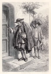 Gulliver kommer hem klockan tre på eftermiddagen och går in i huset, från French Edition av Gullivers Travels av Jonathan Swift