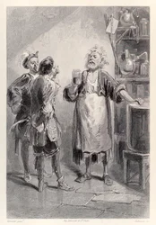 Gulliver går in i ett rum i den stora Akademien i Lagado, fyllt av en motbjudande lukt, ur den franska utgåvan av ”Gullivers resor” av Jonathan Swift