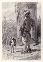 Gulliver möter Queens 30 fot långa dvärg som är glad över att ha någon i rätten som är mindre än honom att plåga, från den franska utgåvan av Gullivers Travels av Jonathan Swift