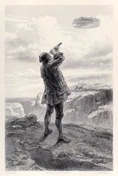 Gulliver ser den flygande ön Laputa för första gången och undersöker den genom sitt teleskop, från French Edition av Gullivers Travels av Jonathan Swift