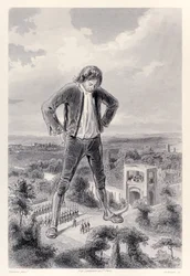 Den Lilliputiska armén marscherar mellan benen på Gulliver, från den franska upplagan av Gullivers Travels av Jonathan Swift