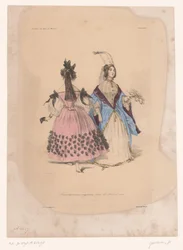 Två kvinnor i balklänningar Transvestissemens originaux pour les Bals de 1834 (titel på objekt) Fantasifulla kläder (serietitel) Fantaisies (serietitel på objekt)