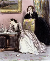 Två kvinnor i samtal om älskare, "Fourreries de femmes", Gavarni, ca. 1840.