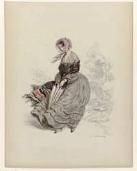 Kvinna som går i vinden med parasoll, 1840