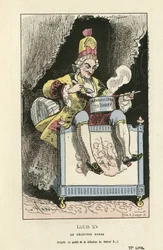 Illustration av Hadol (1835-1875) i Histoire de France tintamarresque, ca. 1880 - Old Regime - Du Barry Jeanne, Louis XV