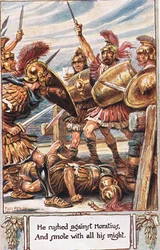 Han rusade mot Horatius och slog honom med all sin kraft, illustration ur ”Det antika Roms sånger” av Thomas Babington Macaulay