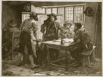 Kaptenen från Nottingham och agitatorerna vid White Horse, illustration från Cassells illustrerade historia av England (sepiafoto).