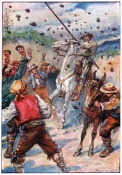 De kastade Don Quixote med en dusch av stenar, illustration från "The Adventures of Don Quixote", publicerad av G. Bell & Sons, Ltd.