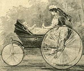 Kinder-Waerterin "" (barnflicka) , illustration av Paul Heydel, en sittvagn går som en cykel, från tidningen Ueber Land und Meer. tysk illustrerad tidning"