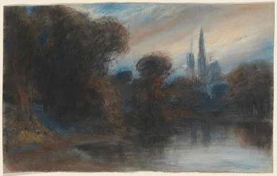 Ett kloster vid en skogssjö i skymningen, ca 1831 (pastell)