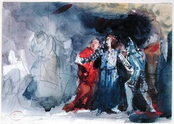 The Ghost of the King Appearing to Hamlet, scen från akt I av "Hamlet" av William Shakespeare (1564-1616) (akvarell på papper)