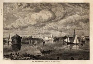 Ingången till New Yorks hamn, teckning av Paul Huet (1803-1869), för att illustrera resorna till Nordamerika 1854-1855, av L. Deville. Gravyr i ”” Le tour du monde”” 1861. Selvas samling.