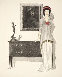 Aftonklänning, från puben Les Robes de Paul Poiret. 1908 (stenciltryck)