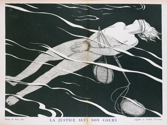 ”Rättvisan har sin gång”, karikatyr av rättsväsendet, ur ”Parlons Français”, utgiven av Floury. 1934