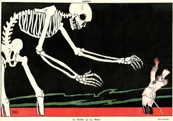 Kejsaren och döden. Första världskriget 1914-1918: Vilhelm II (1859-1941) i ett hav av blod, hotad av ett skelett. Karikatyr som framhäver den mekanistiska och hånfulla tyska dumheten och därmed stöder fransmännens moral under kriget. Teckning av s