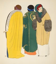 Three Coats från puben Les Robes de Paul Poiret. 1908 (stenciltryck)