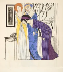Tre empire-klänningar från puben Les Robes de Paul Poiret. 1908 (stenciltryck)