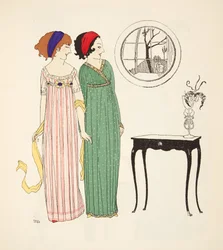 Två empire linje dagsklänningar från Les Robes de Paul Poiret pub. 1908 (stenciltryck)
