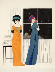 Två empire-klänningar från puben Les Robes de Paul Poiret. 1908 (stenciltryck)