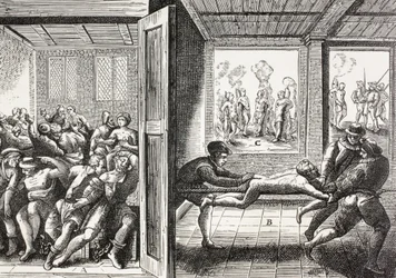 1500-talspropaganda som illustrerar de franska hugenotternas våld mot katolikerna i södra Frankrike.