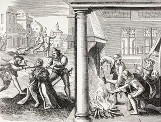 Propaganda från 1500-talet som illustrerar de franska hugenotternas våld mot katolikerna.