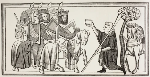 En budbärare anländer med ett meddelande till en kung som är i spetsen för sin armé. Efter en illustration i en Ms från 1200-talet.