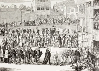 En Auto-Da-Fe, eller troshandling, procession i Spanien. Efter en gravyr från 1400-talet.