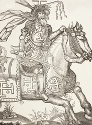 Gottfrid av Bouillon, ca 1060-1100, medeltida frankisk riddare. En ledare för det första korståget. Här avbildad krönt med redskapen för Kristi lidande. Efter ett träsnitt från 1400-talet.