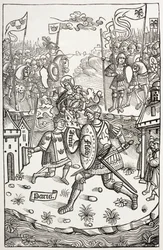 Kung Artus, eller Arthur, skyddad av jungfrun, i kamp mot en jätte. Efter ett träsnitt i Chroniques De Bretagne, av Alain Bouchard, utgiven 1514.