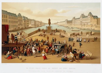 Le Pont Neuf mot mitten av 1600-talet, "" 1600-talet - Institutioner: bruk och kostymer, Frankrike 1590-1700" av Paul Lacroix