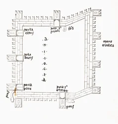 Plan av 13th Century Antioch som visar sina fem portar. Efter en manuskript från 1200-talet.