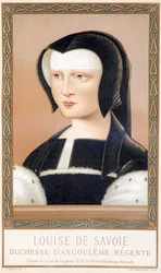 Porträtt av Louise de Savoie (1476-1531), hertiginna av Angouleme och Regente av Frankrike. Kromolitografi från "Louis XII och Anne de Bretagne" av Paul Lacroix, ed. Georges Hurtrel