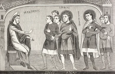 Helgonen Savin och Cyprianus bekänner för prokonsul Galerius Maximus att de är kristna. Efter en fresk från 1000-talet i kyrkan St Savin, Vienne, Frankrike.