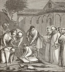 St. Benedict och djävulen. När Benedictus byggde ett kapell satt djävulen på en sten och ingen kunde flytta honom förrän St Benedictus välsignade stenen. Då tog djävulen till flykten.