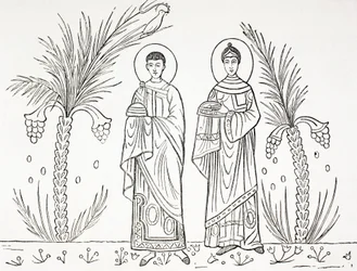 Sankta Cecilia och hennes make Valerianus. Efter en mosaik från 300- eller 400-talet som finns bevarad i S:ta Ceciliakyrkan i Rom.