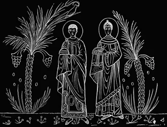 Sankta Cecilia och hennes make Valerianus. Efter en mosaik från 300- eller 400-talet som finns bevarad i S:ta Ceciliakyrkan i Rom.