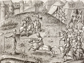 Tilting At A Quintain, en riddares roterande statyett. Efter en miniatyr i Chroniques De Charlemagne från 1400-talet.
