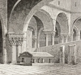 Godfrey De Boullons grav, ca 1060 - 1100, som den såg ut i Heliga gravens kyrka i Jerusalem. Graven är nu förstörd. Efter en teckning gjord på platsen 1828.