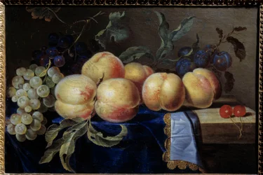 Stilleben, Peches. Målning av Paul Liegeois (1600-talet) Sön. 0,31x0,47 m Rouen, musee des Beaux Arts