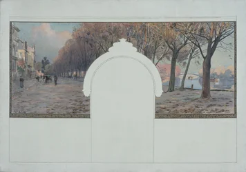 Skiss till stadshuset i Asnières: Landskap. Quais de la Seine à Asnières, cirka 1901 (olja på svart tusch på duk)