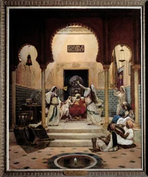De östliga dansarna (magen) i ett harem som distraherar en pasha. Målning av Paul Bouchard (1853-1937) 1893 Sön. 1,6x1,3 m Paris, musee d