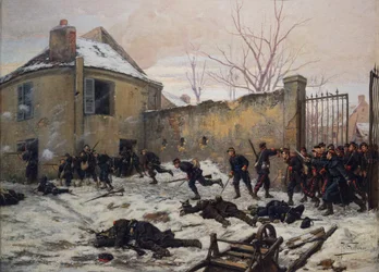 Attack av ett slott av mobila vakter 1870, sent 1800-tal (olja på duk)