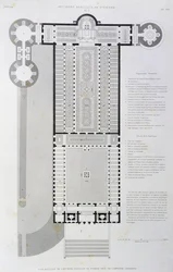 Restaurerad planritning över den gamla basilikan, byggd av kejsar Konstantin, gravyr från Vatikanen och Peterskyrkan